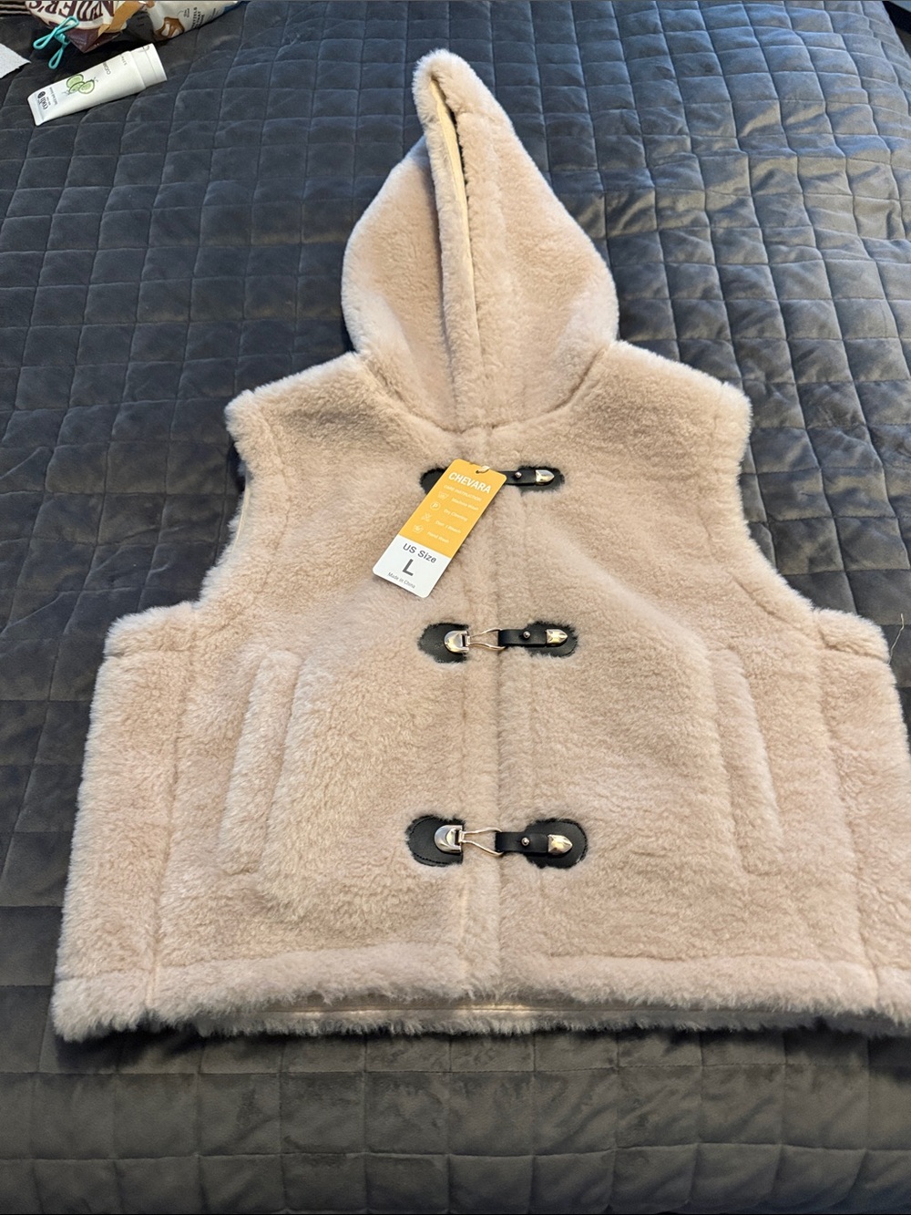 Faux Shearling Hooded Toggle Vest in Light Beige